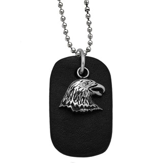 Stainless Steel Eagle on Black Leather Dog Tag on 2.4 mm 22" Bead Neckla