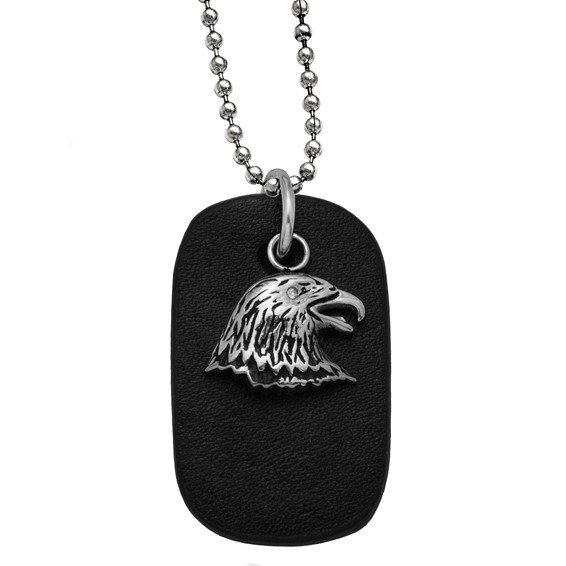 Stainless Steel Eagle on Black Leather Dog Tag on 2.4 mm 22" Bead Neckla