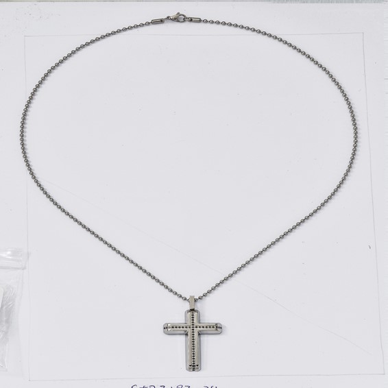Stainless Steel & Black Diamond .398 TCW Cross Pendant On 2.4 mm Bead Chain