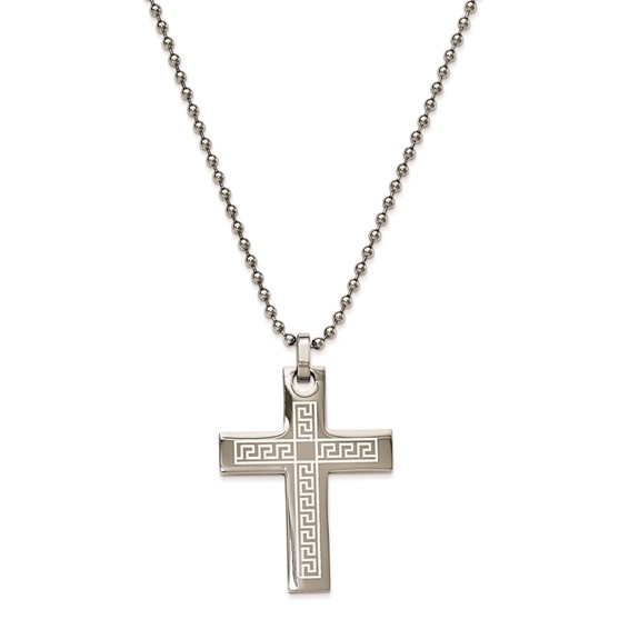 Stainless Steel 42x32x2 mm Greek Key Cross Pendant with 2.4mm 24" Bead C