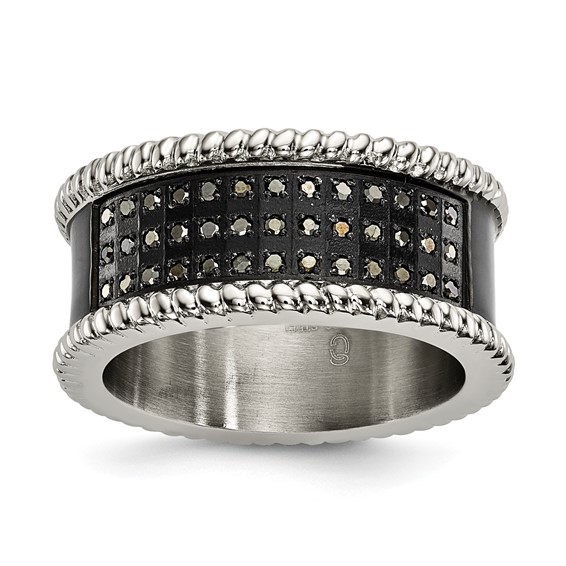 Stainless Steel 10.5 mm .25 TCW Black Diamond Beaded Edge Ring