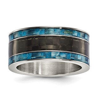 Stainless Steeel .02 TCW 10mm Black & Blue Carbon Fiber Ring