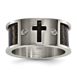 Stainless Steel 10mm Black Carbon Fiber Cross .03 TCW Diamond Ring