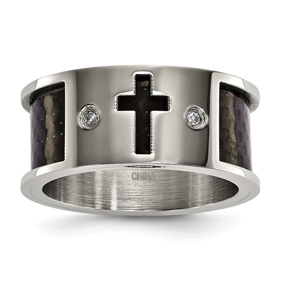 Stainless Steel 10mm Black Carbon Fiber Cross .03 TCW Diamond Ring