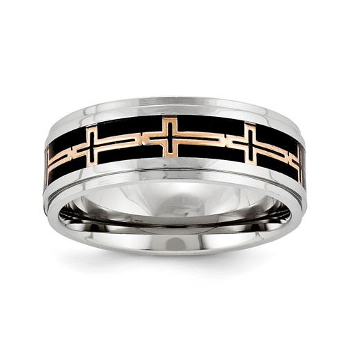 Stainless Steel 8mm Black Carbon Fiber and Pink IP Cross Band