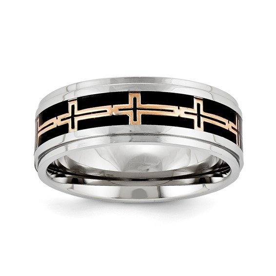 Stainless Steel 8mm Black Carbon Fiber and Pink IP Cross Band