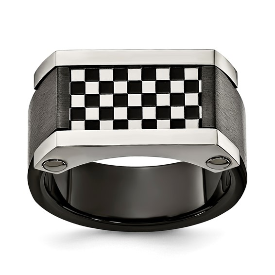 Stainless Steel 11.5 mm Top Cherker Board Design Signet Ring