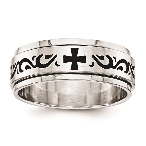 Stainless Steel L/Black Cross/Tribal Band