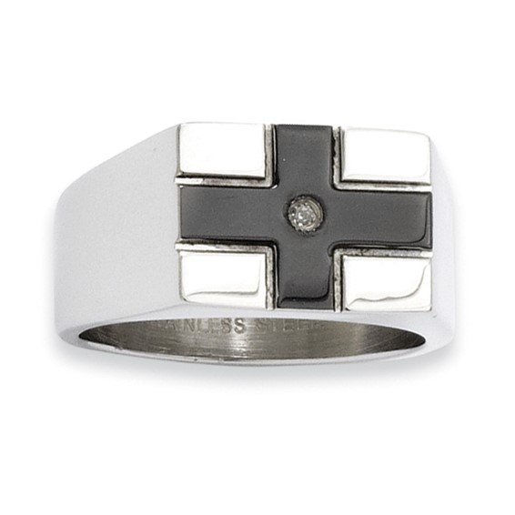 Stainless Steel Blk IPG .01 CT Dia Accent Cross Gents Ring