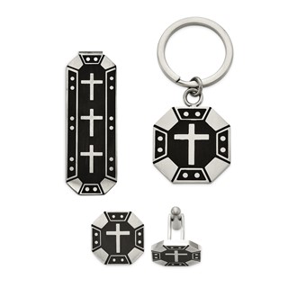 Stainless Steel Cross, Money Clip, Key Chain & Cuff Link w/ Black IP Box