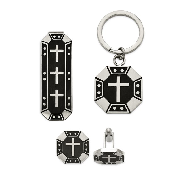 Stainless Steel Cross, Money Clip, Key Chain & Cuff Link w/ Black IP Box