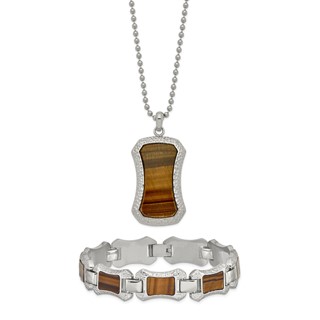 Stainless Steel C& Tiger Eye 24" Necklace and Matching 8.75" Bracelet