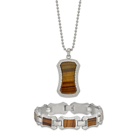 Stainless Steel C& Tiger Eye 24" Necklace and Matching 8.75" Bracelet