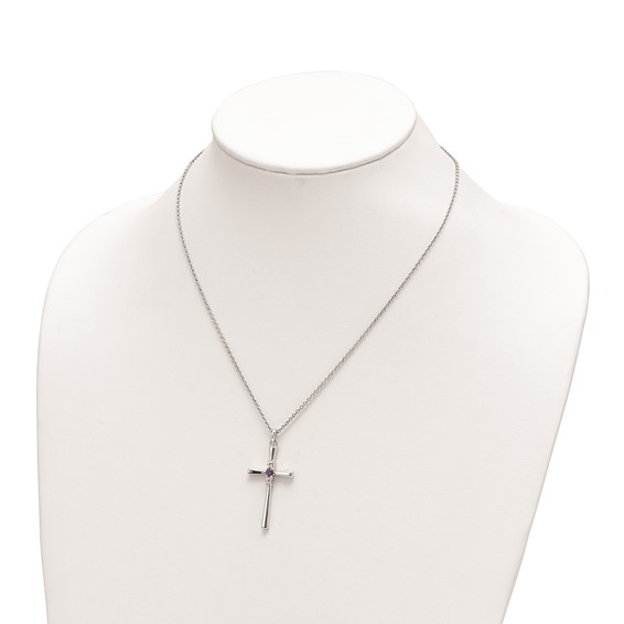 Survivor Collection Sterling Silver Rhodium-plated 16 Inch White and Purple Topaz Faith Cross Necklace with 2 Inch Extender