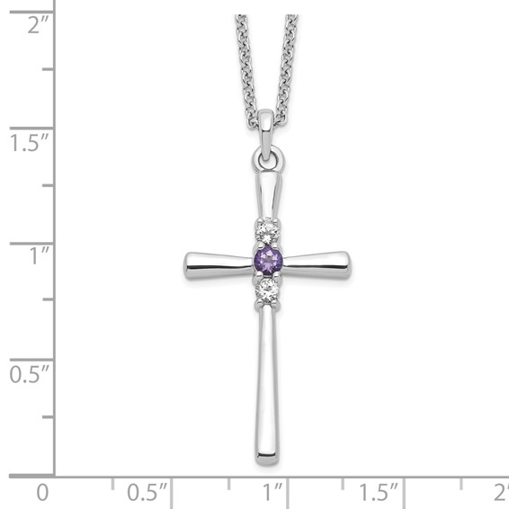 Survivor Collection Sterling Silver Rhodium-plated 16 Inch White and Purple Topaz Faith Cross Necklace with 2 Inch Extender