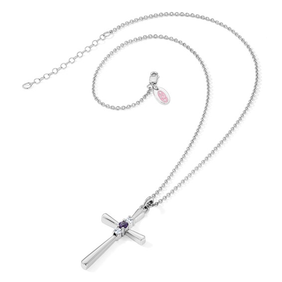 Survivor Collection Sterling Silver Rhodium-plated 16 Inch White and Purple Topaz Faith Cross Necklace with 2 Inch Extender