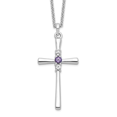 Survivor Collection Sterling Silver Rhodium-plated White and Purple Topaz Faith Cross Necklace with 2 Inch Extender, 16"