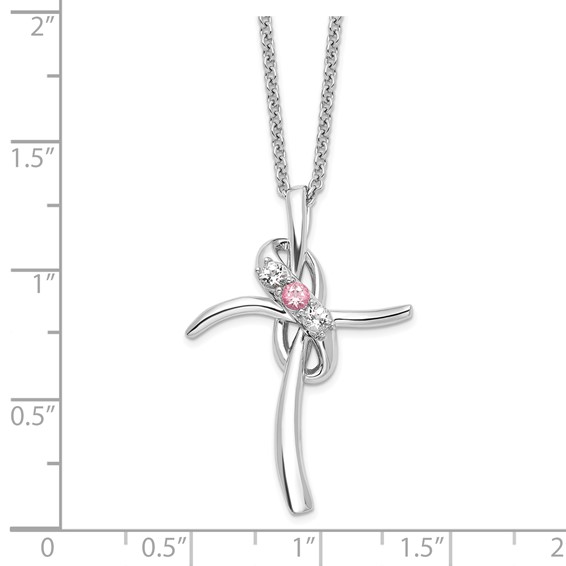 Survivor Collection 10K White Gold Rhodium-plated 16 Inch White and Pink Topaz Grace Cross Necklace with 2 Inch Extender