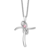 Survivor Collection 10K White Gold Rhodium-plated White and Pink Topaz Grace Cross Necklace with 2 Inch Extender, 16" view 1