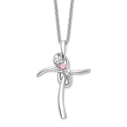 Survivor Collection 10K White Gold Rhodium-plated White and Pink Topaz Grace Cross Necklace with 2 Inch Extender, 16"