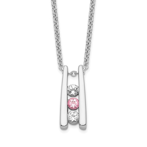 Survivor Collection 10K White Gold Rhodium-plated White and Pink Topaz Grateful Necklace with 2 Inch Extender, 16"