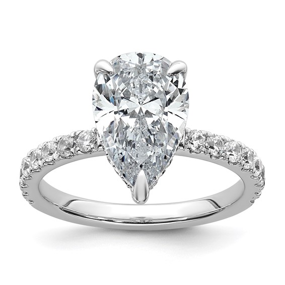 14k White Gold 3 1/2 carat Certified Lab Grown Diamond VS/SI+ G+ Pear Complete Solitaire with Flair Engagement Ring