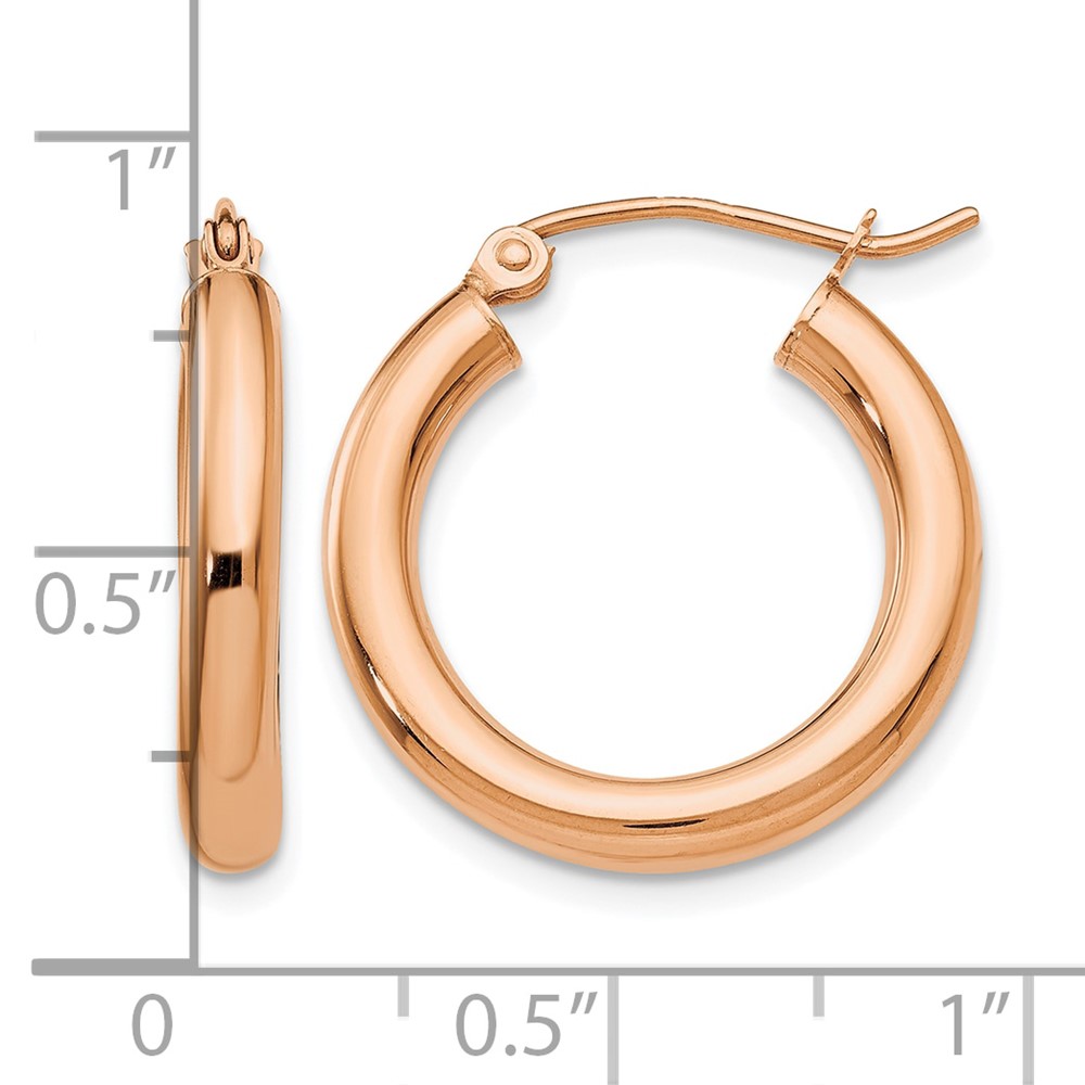 14k Rose Gold Polished 3mm Lightweight Tube Hoop Earrings (T1004)