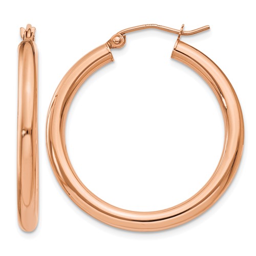 14K Rose Gold 3x 30mm Polished Lightweight Tube Hoop Earrings