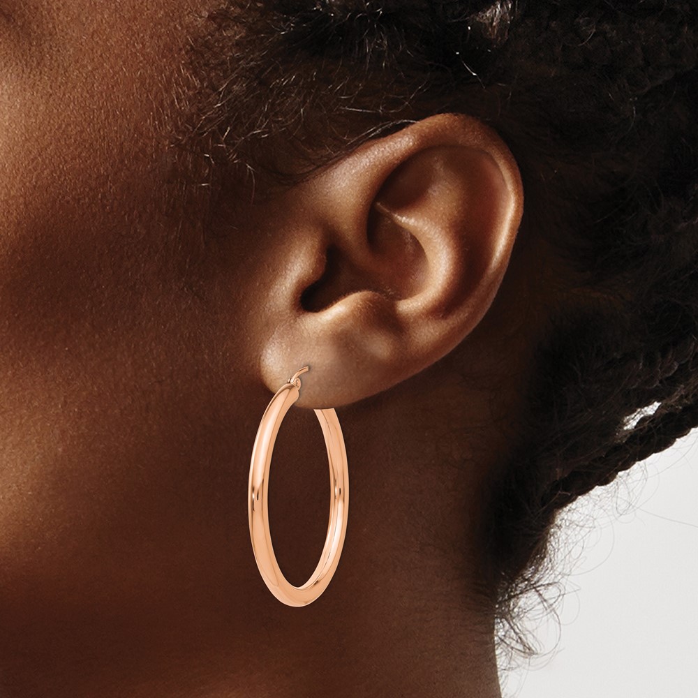 14k Rose Gold Polished 3mm Lightweight Tube Hoop Earrings (T1007)