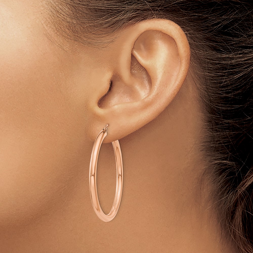 14k Rose Gold Polished 3mm Lightweight Tube Hoop Earrings (T1008)