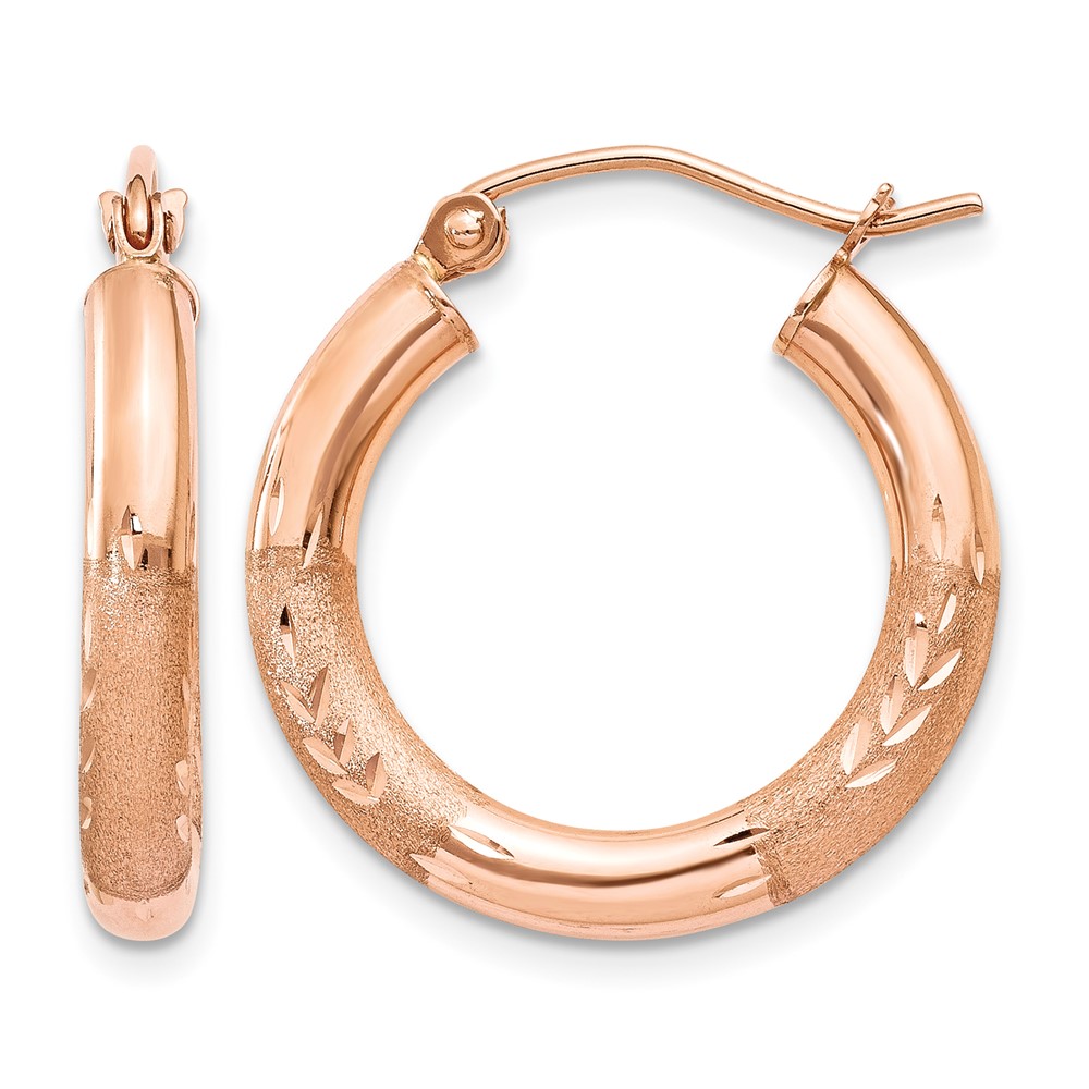 14k Rose Gold 3mm Satin and Diamond-cut Hoop Earrings (T1016)