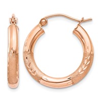 14K Rose Gold 3x 18mm Satin Diamond-cut Round Tube Hoop Earrings view 1