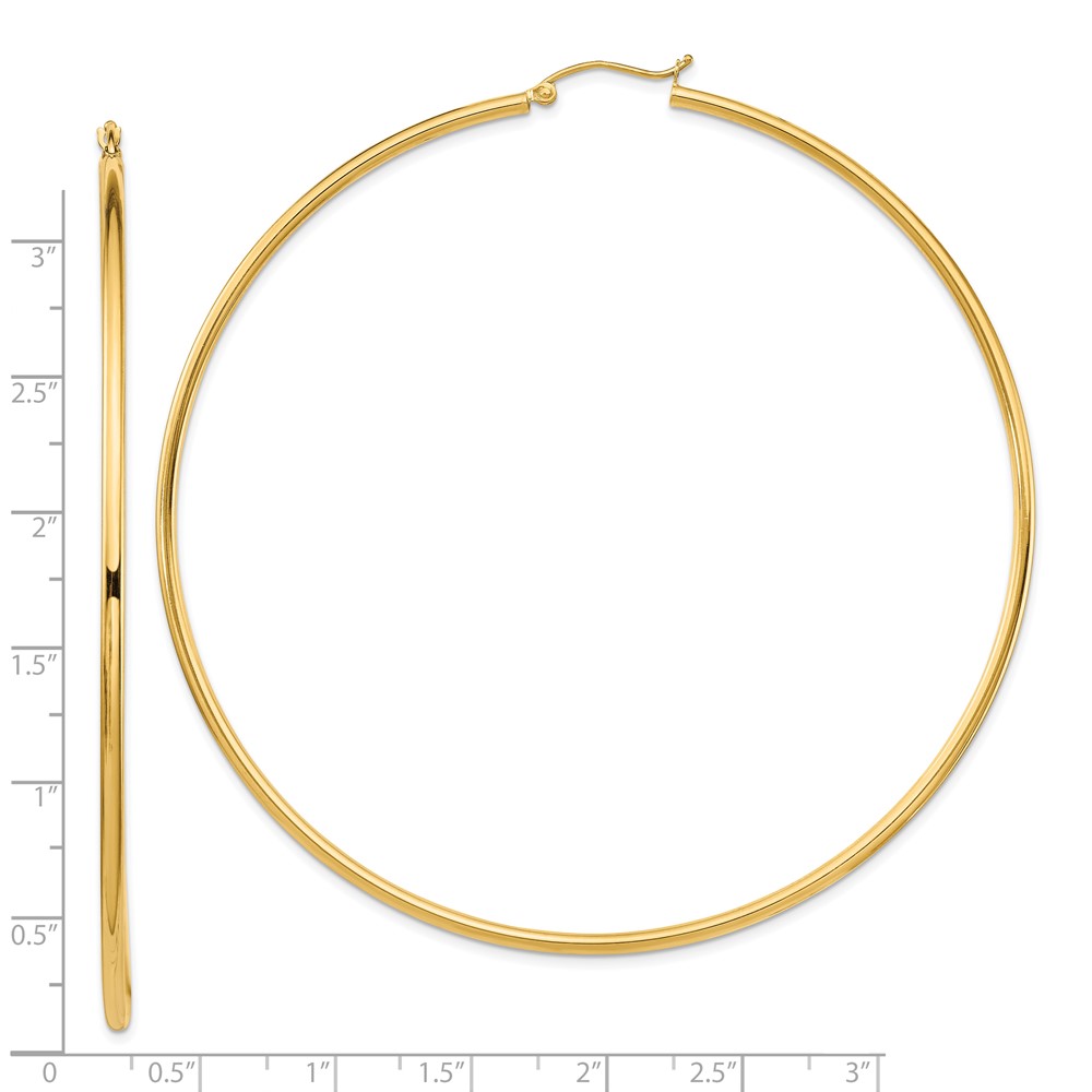 14k Polished 2x80mm Round Tube Hoop Earrings (T1157)