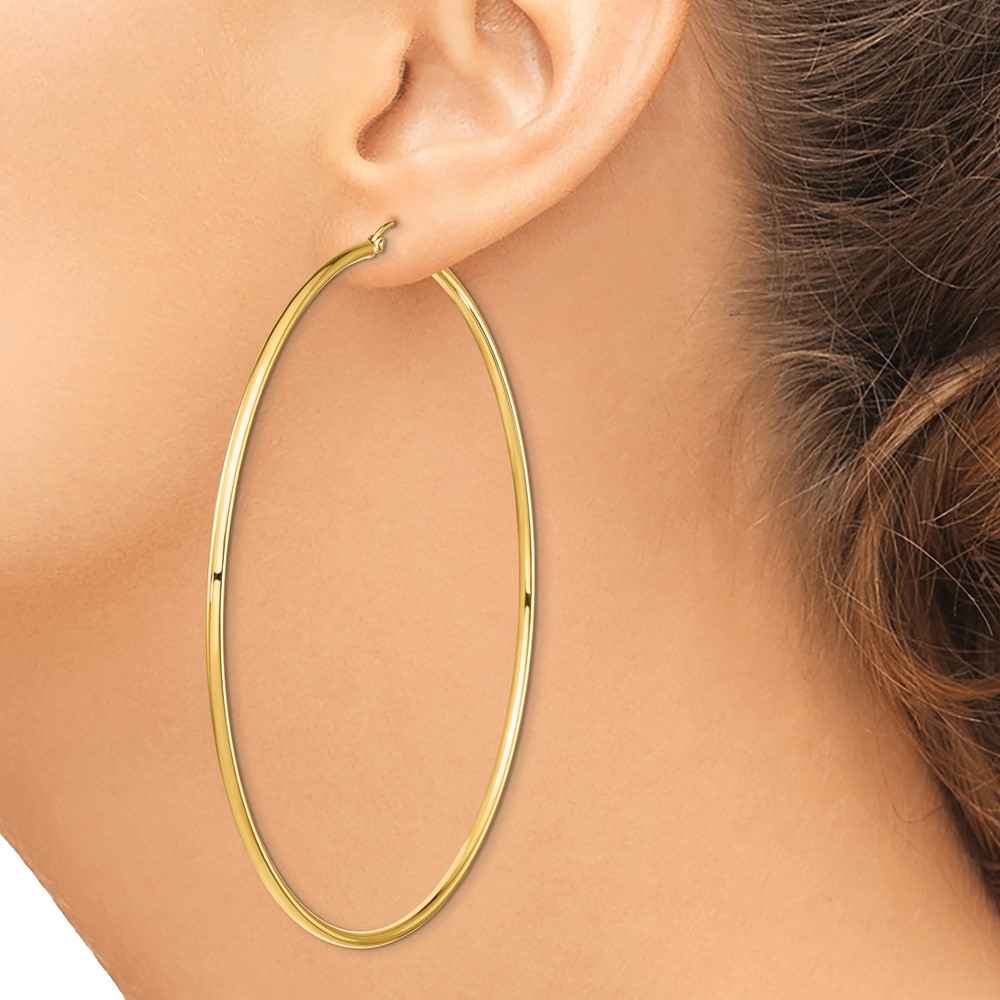 14k Polished 2x80mm Lightweight Round Tube Hoop Earrings (T1157L)