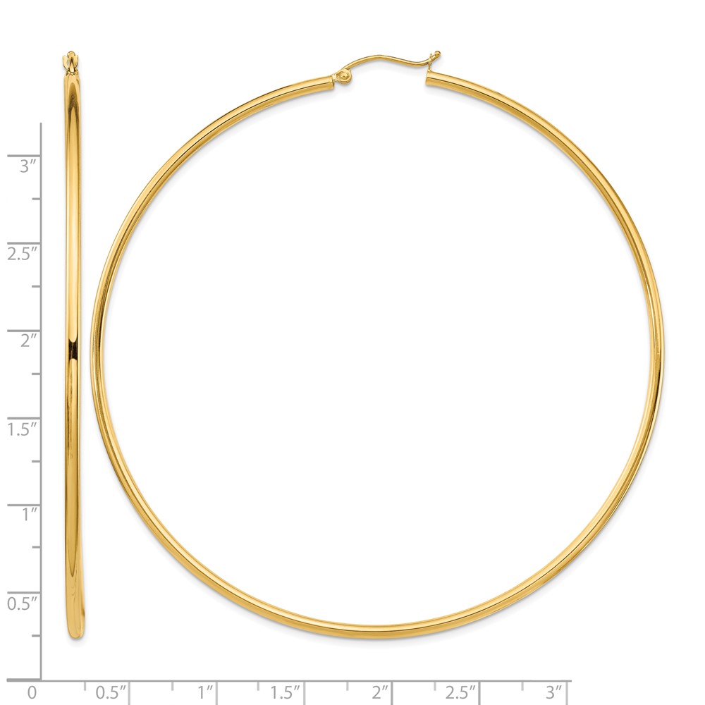 14k Polished 2x80mm Lightweight Round Tube Hoop Earrings (T1157L)