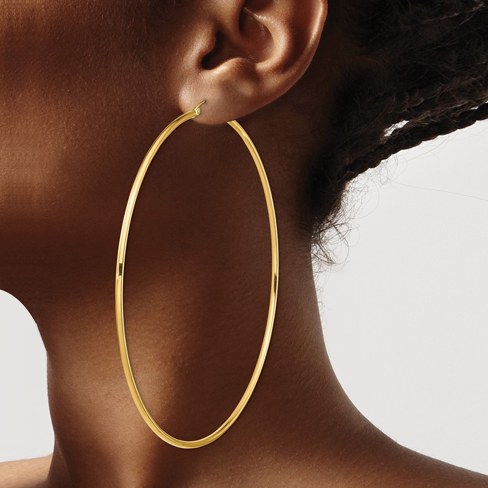 14k Polished 2x90mm Lightweight Round Tube Hoop Earrings (T1158L)