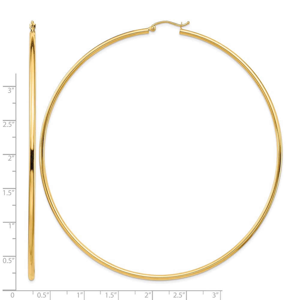 14k Polished 2x90mm Lightweight Round Tube Hoop Earrings (T1158L)