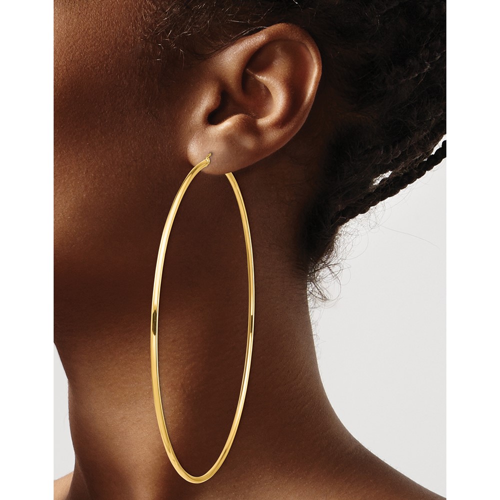 14k Polished 2x100mm Round Tube Hoop Earrings (T1159)