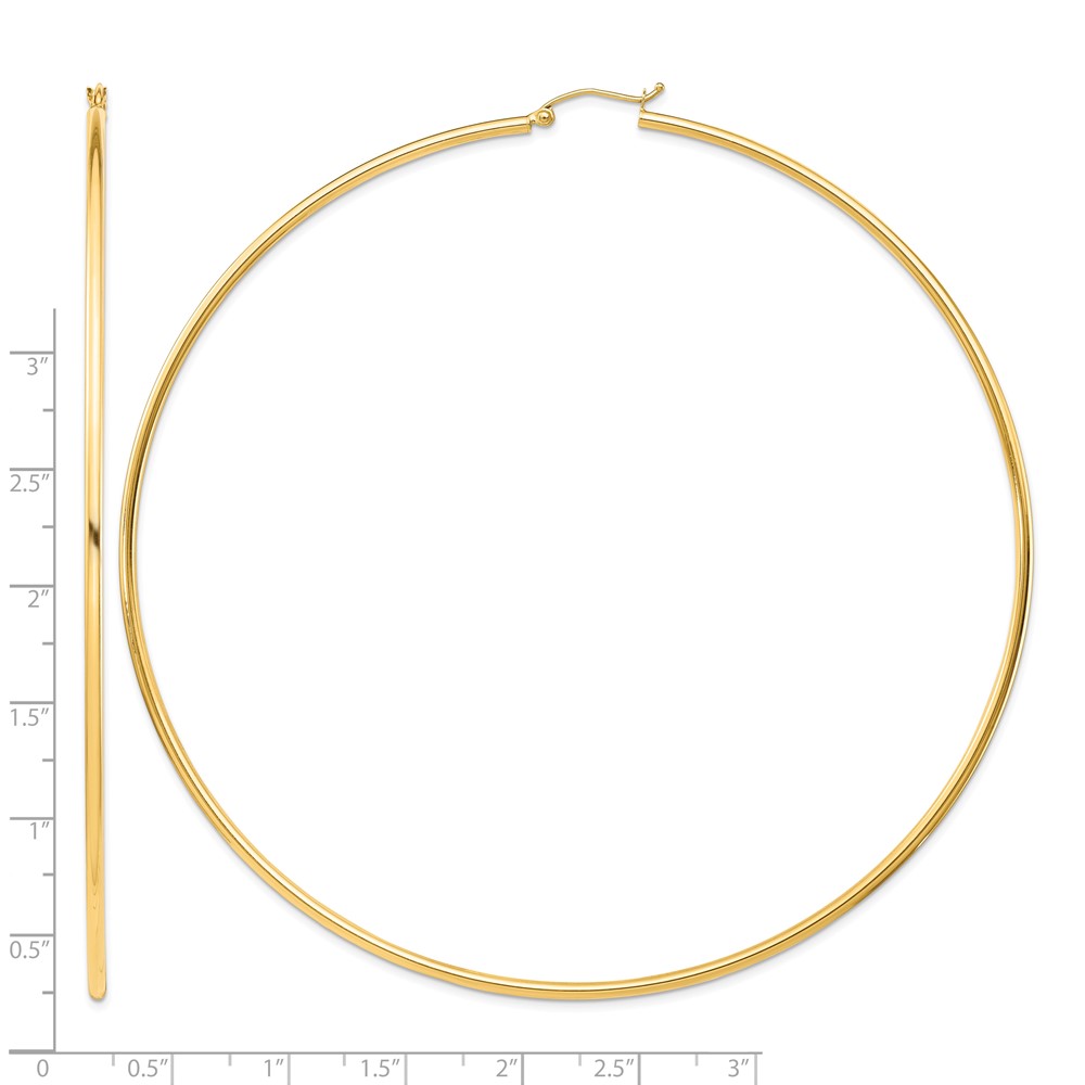 14k Polished 2x100mm Lightweight Round Tube Hoop Earrings (T1159L)