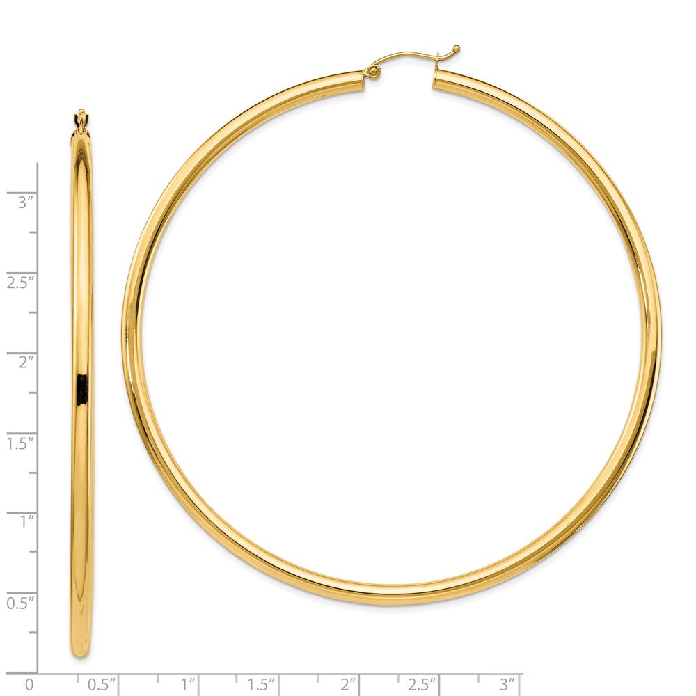 14k Polished 3x80mm Round Tube Hoop Earrings (T1160)
