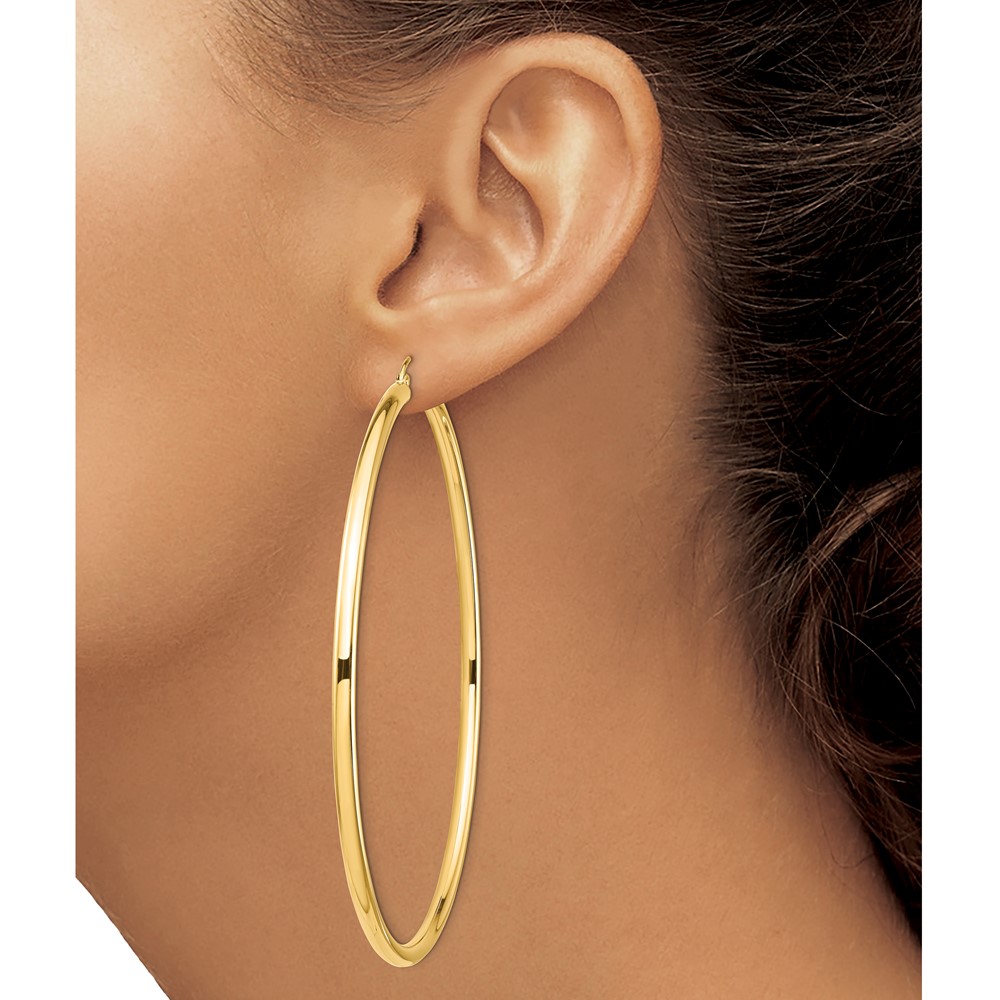 14k Polished 3x80mm Lightweight Round Tube Hoop Earrings (T1160L)