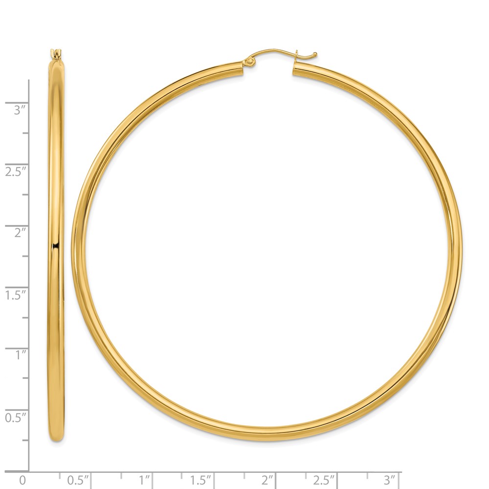 14k Polished 3x80mm Lightweight Round Tube Hoop Earrings (T1160L)