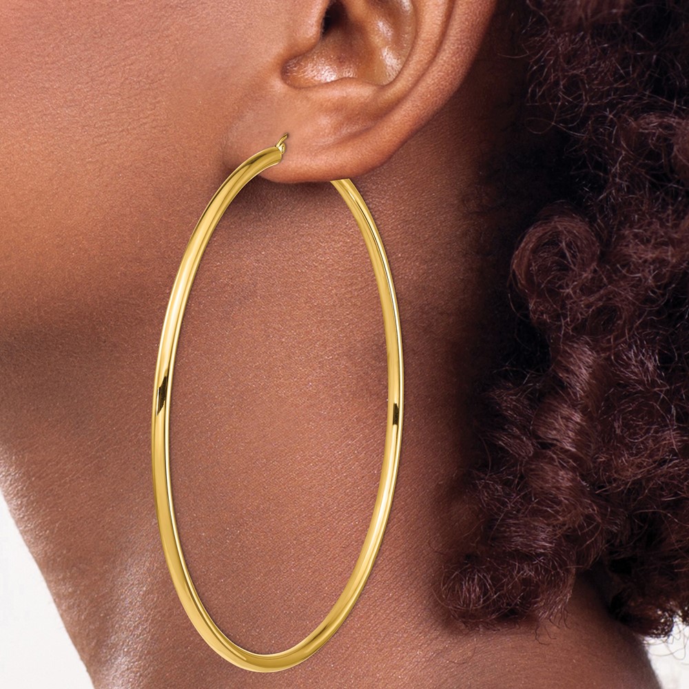 14k Polished 3x90mm Round Tube Hoop Earrings (T1161)