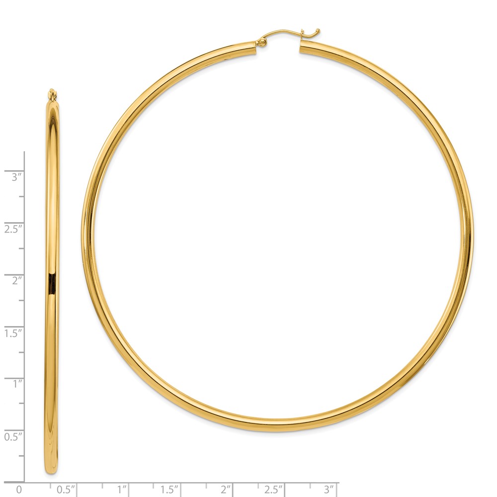 14k Polished 3x90mm Round Tube Hoop Earrings (T1161)