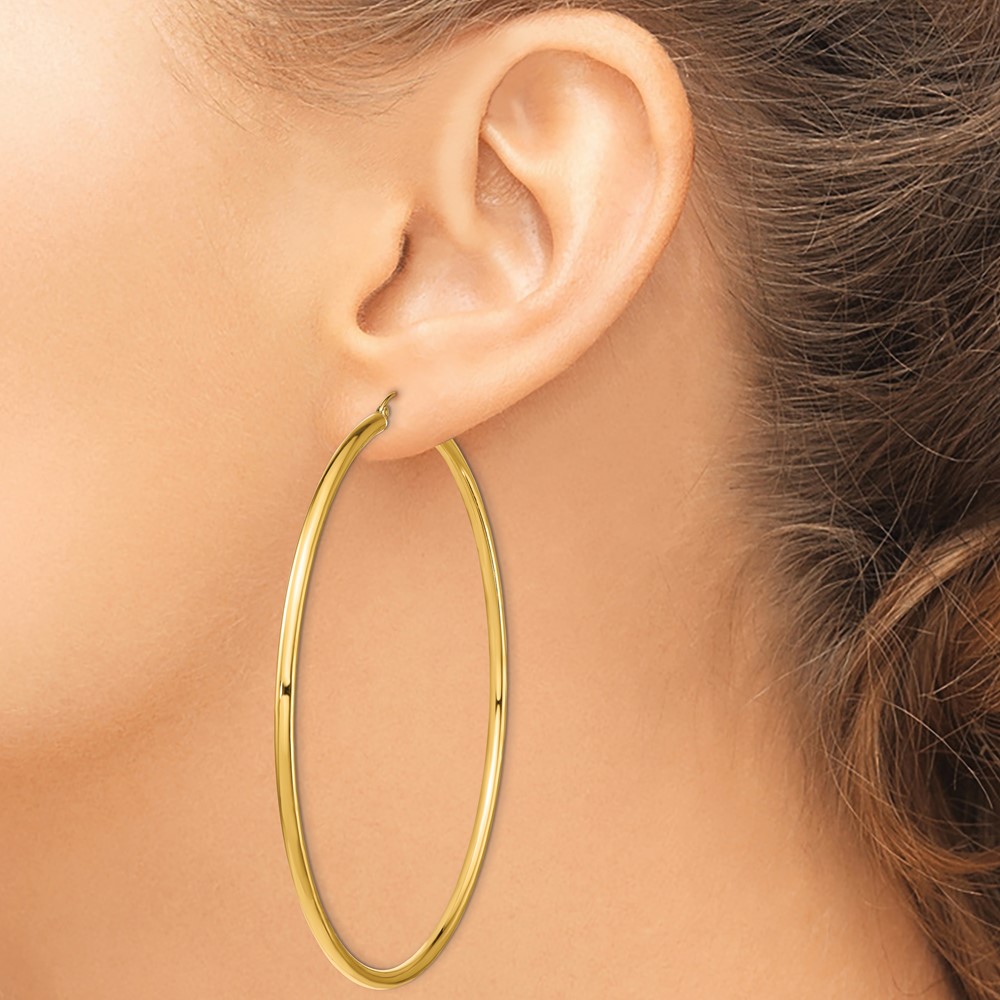 14k Polished 3x90mm Lightweight Round Tube Hoop Earrings (T1161L)