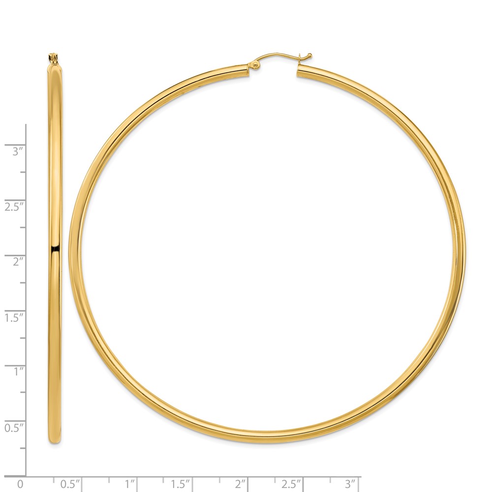 14k Polished 3x90mm Lightweight Round Tube Hoop Earrings (T1161L)