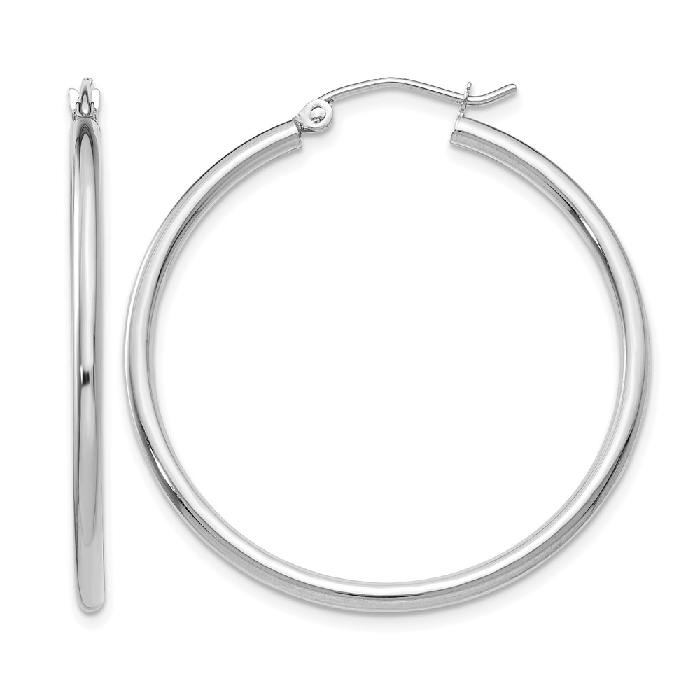 14k White Gold Polished 2x35mm Tube Hoop Earrings (T825)