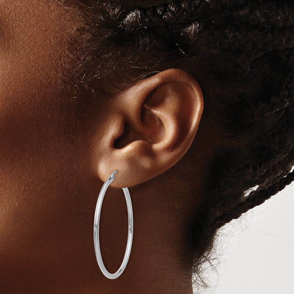 14k White Gold Polished 2x40mm Lightweight Tube Hoop Earrings (T831L)