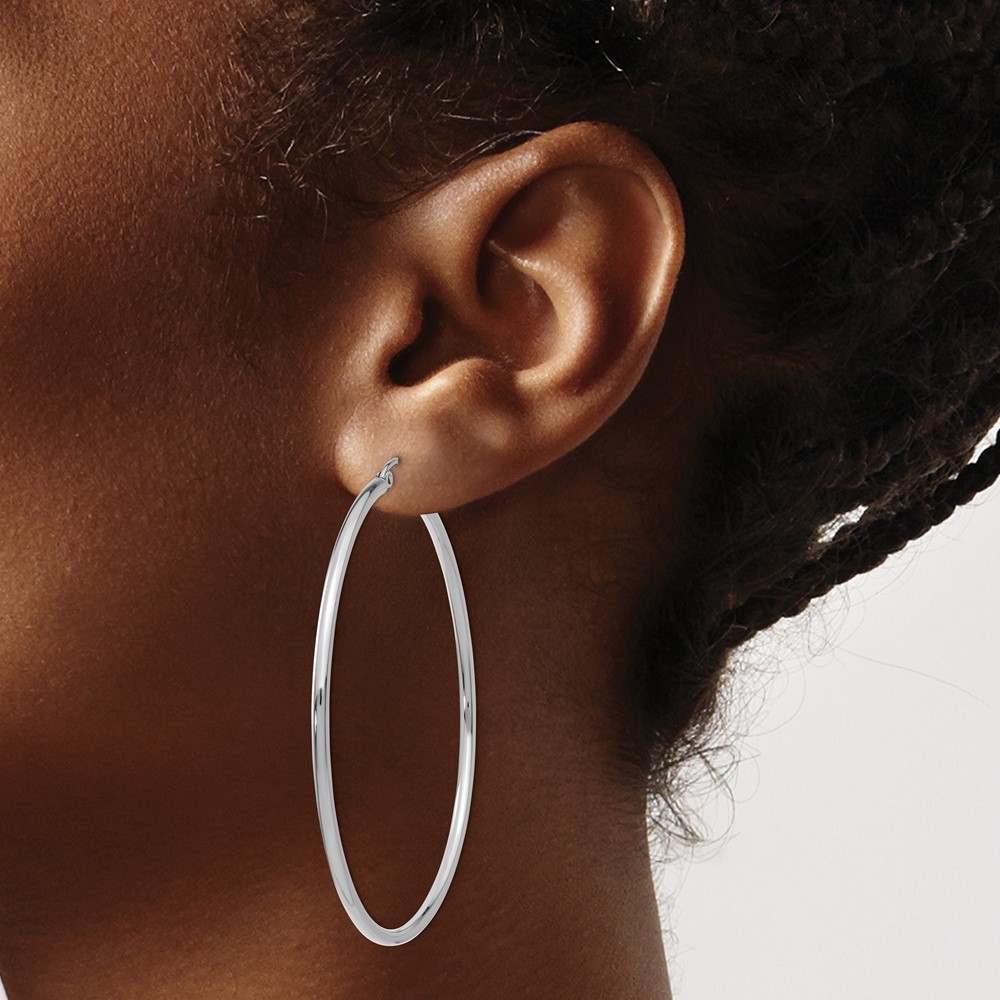 14k White Gold Polished 2x55mm Tube Hoop Earrings (T834)