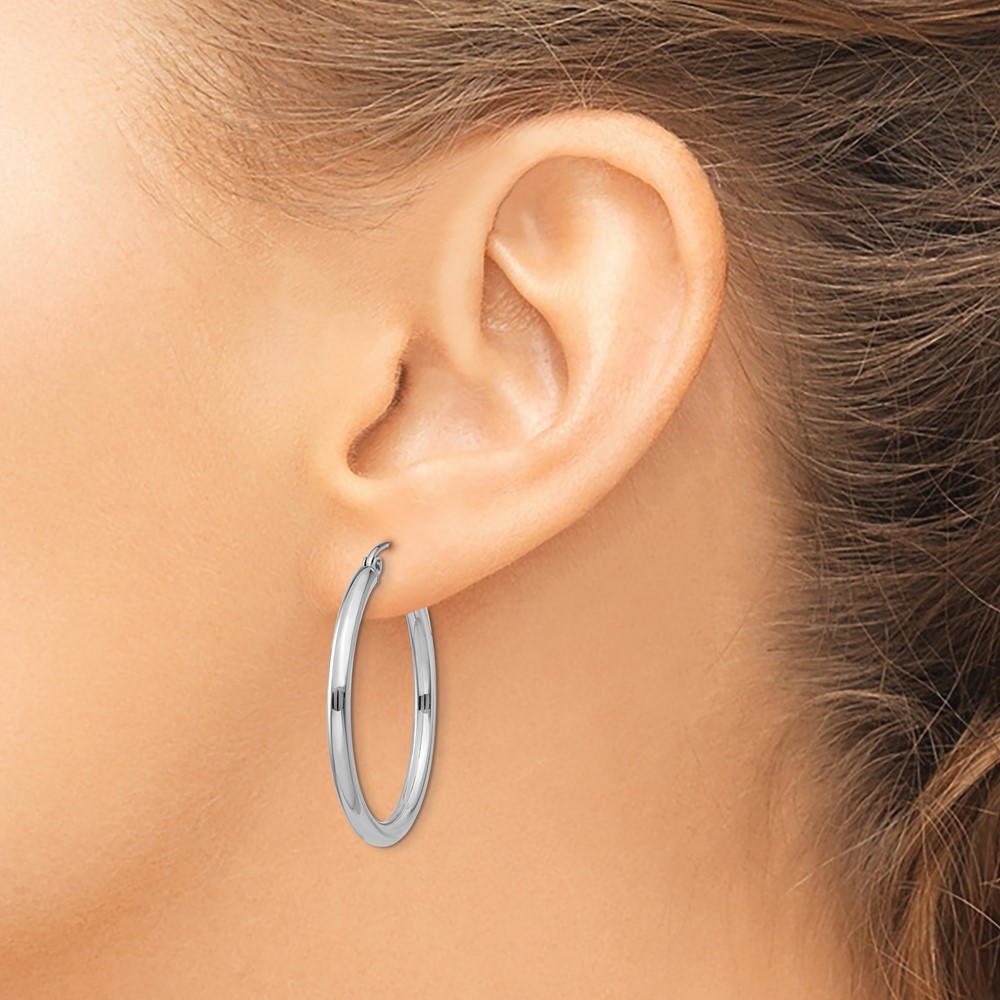 14K White Gold Polished 2.5mm Tube Hoop Earrings (T838)